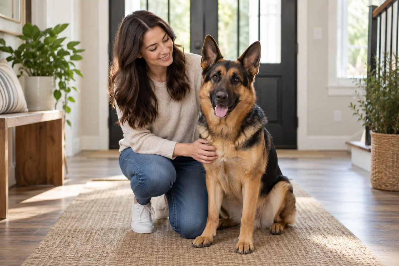 Owner sitting at home beside a large dog